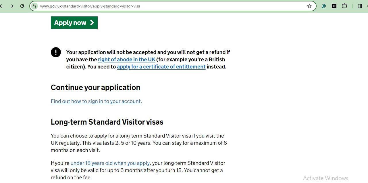 UK Visitor Visa Application: A page for the online application information.