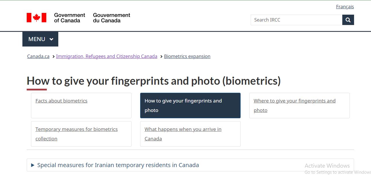 Canada Visa Appointment: A picture showing official page for Biometrics requirement for Canada visa application.