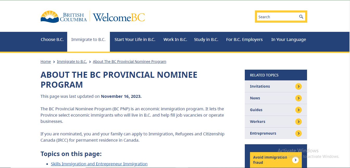 Provincial Nominee Program Canada: A picture showing landing page of British Columbia official website for Provincial Nominee Program