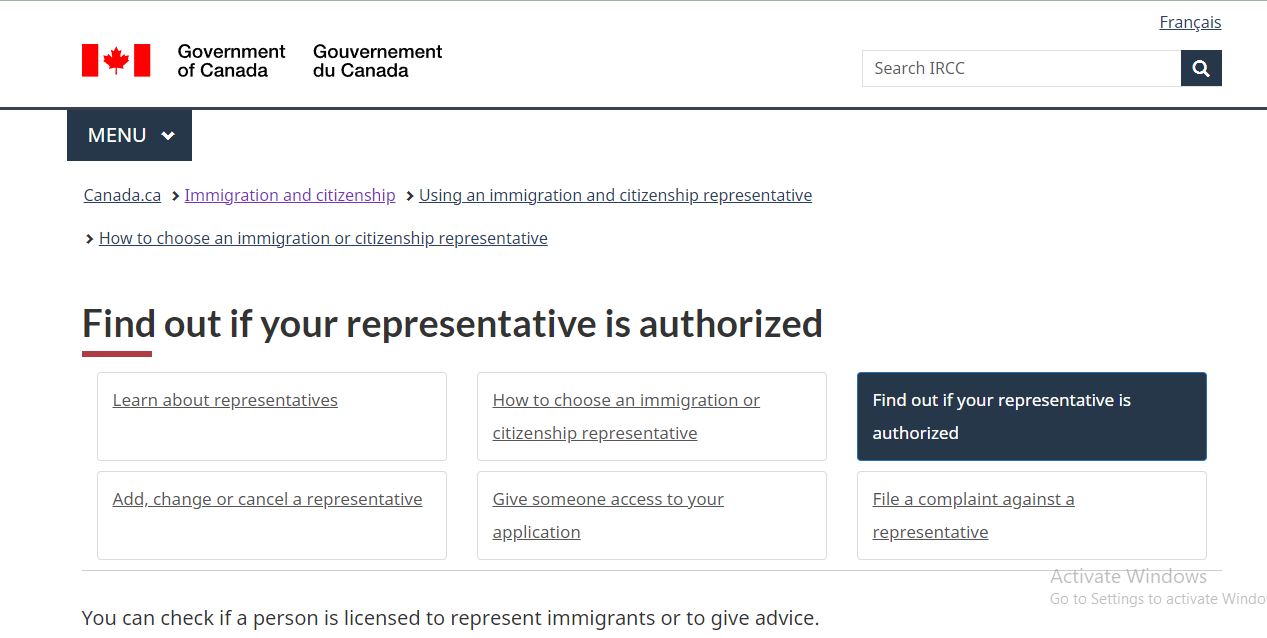Canada Visa Documents: A picture showing landing page for visa applicant checking for authorized consultants