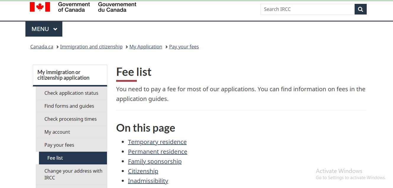 Canada Visa Requirements: An official page of the Canadian government showing fees or each visa application