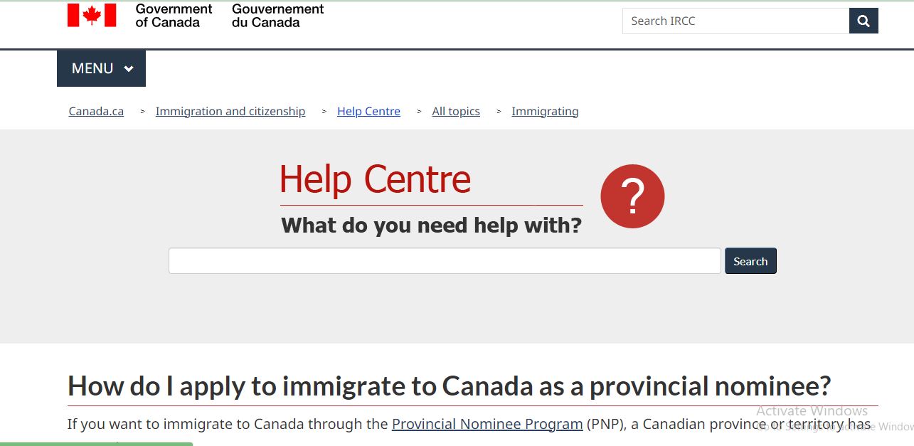 provincial Nominee Program Canada: A picture showing official website of Canada government to help NP applicants.