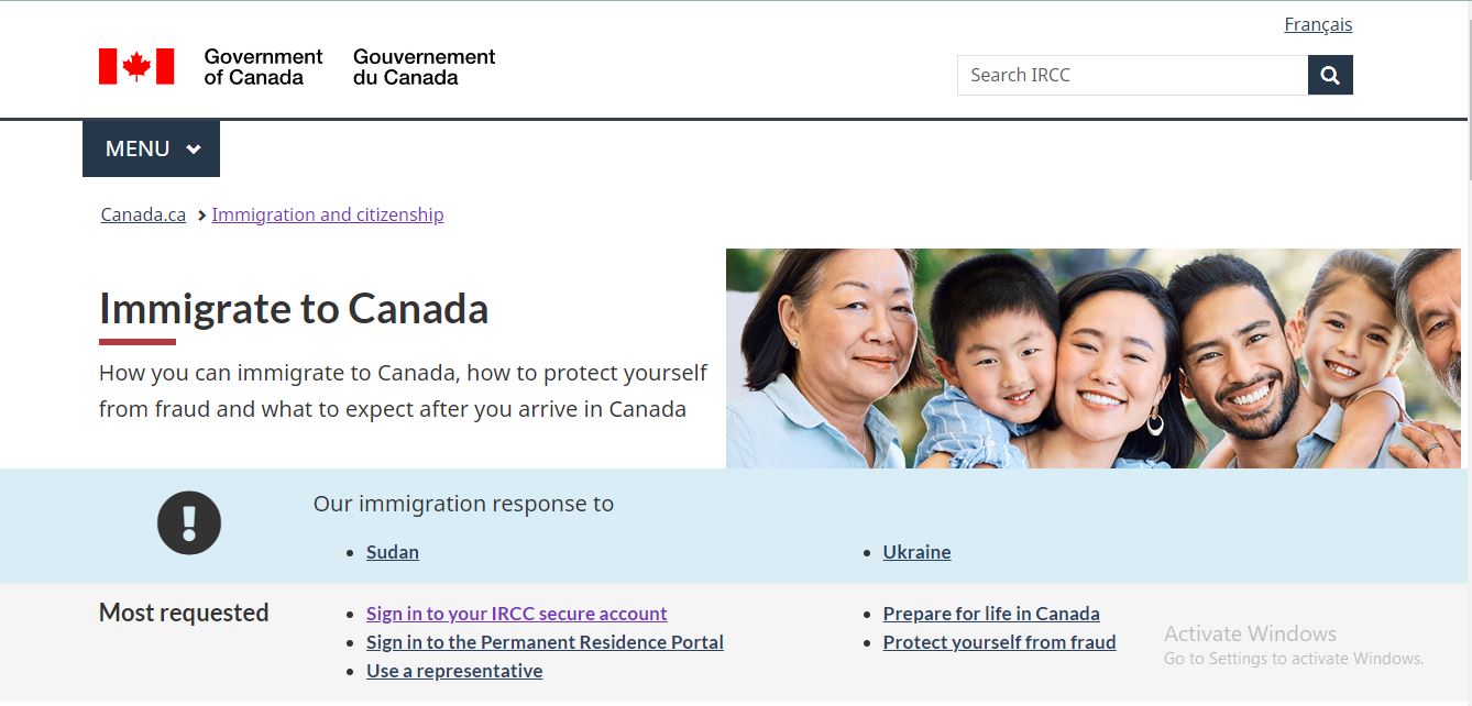 Canada Visa Eligibility: A picture showing landing page for Canada permanent residency visas.