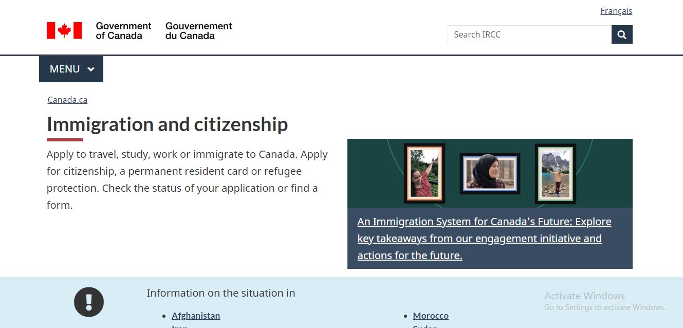 Canada Visa Appointment: A picture showing landing page for visa application to Canada.