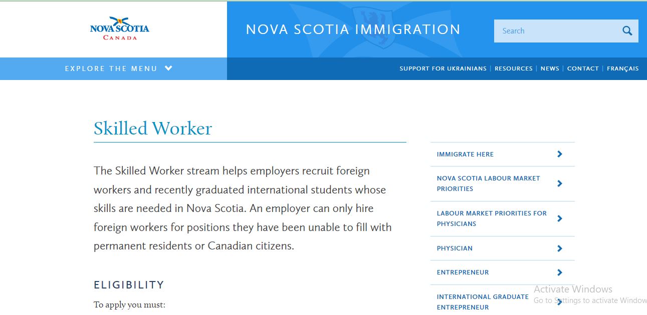 Provincial Nominee Program: A picture showing official page of Canada province on information about Skilled worker PNP Stream