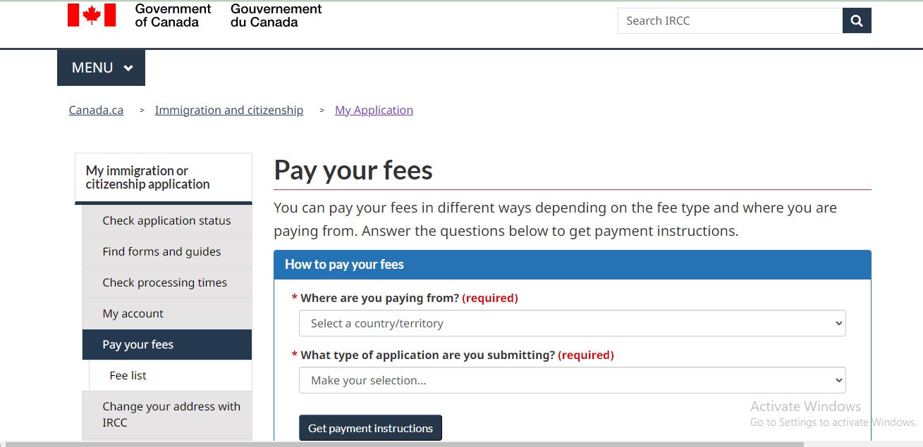 Canada Visa Fees: A picture showing page for official information visa fees payment methods.
