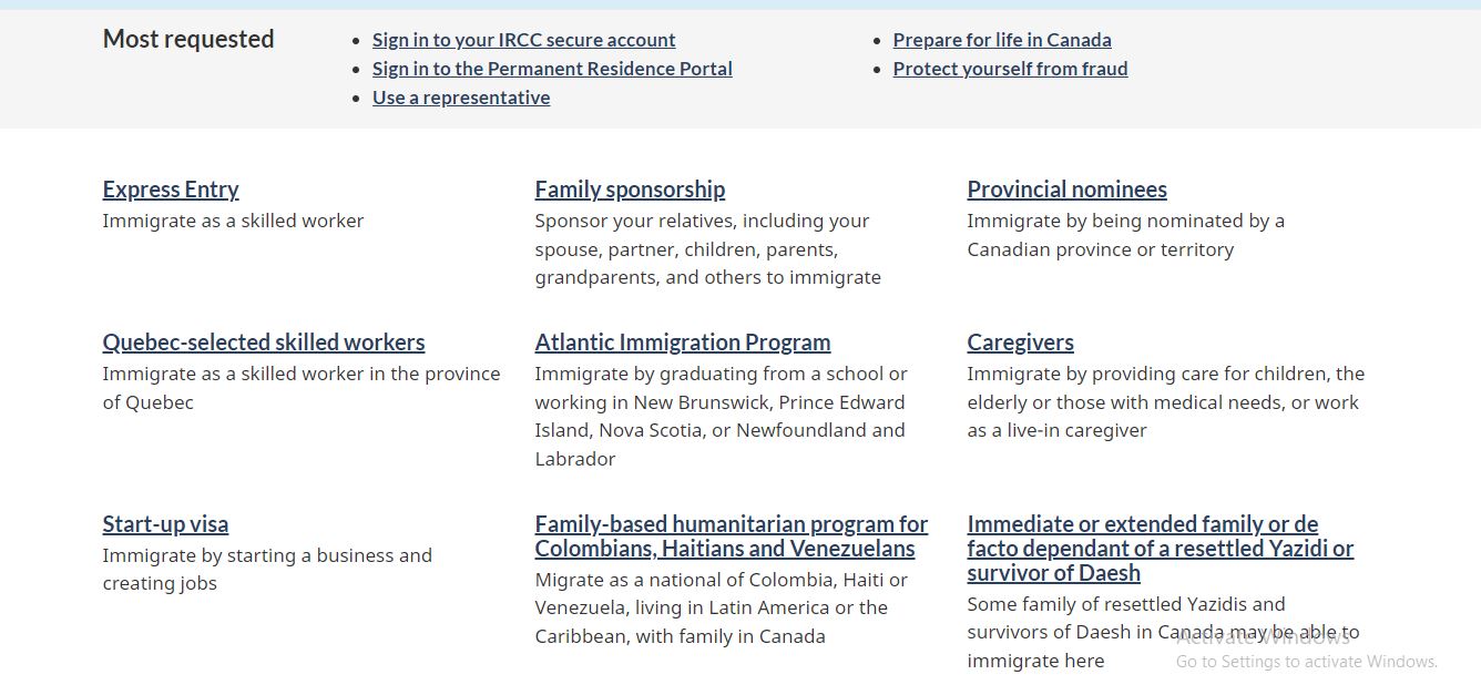 Canada Visa Requirements: A picture showing Canadian official page for Permanent Residency options in Canada. 