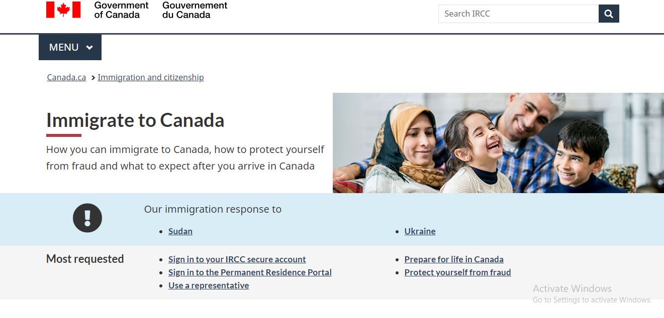 Canada Visa Requirements: A picture showing landing page for information on visa options and requirements to immigrate to Canada.