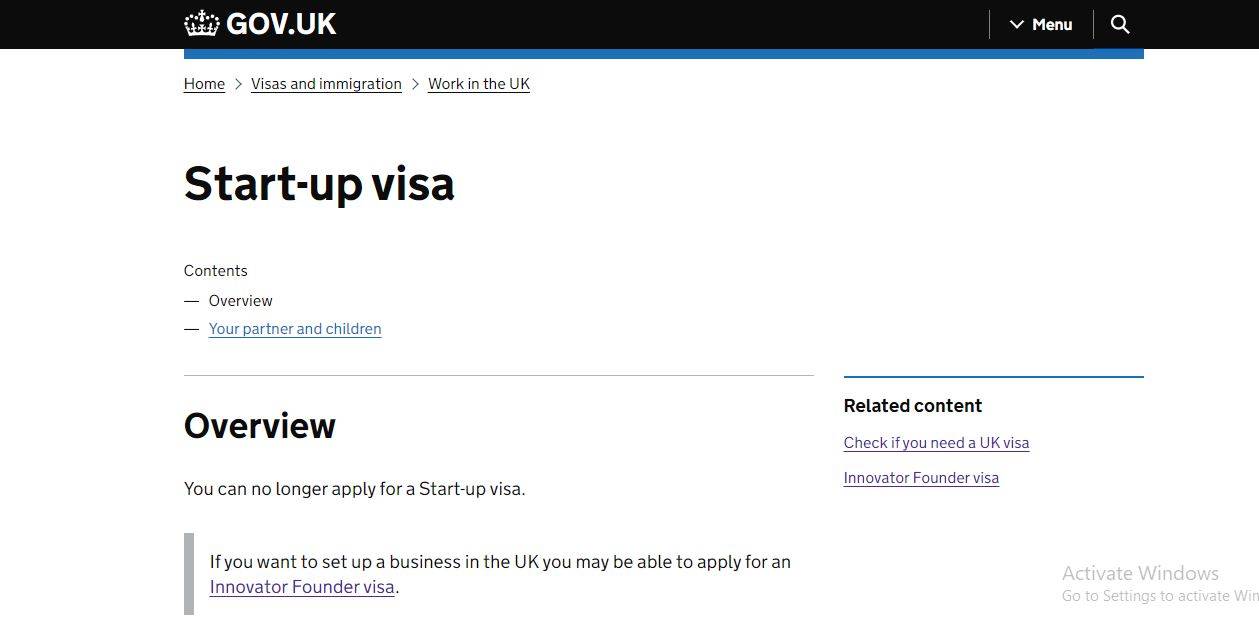 UK Visa For Tech Startups: A page showing Start-up visa option 