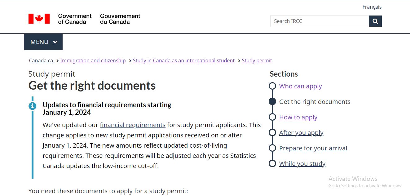 Canada Visa Documents: A picture showing landing page for Canada study visa documents.