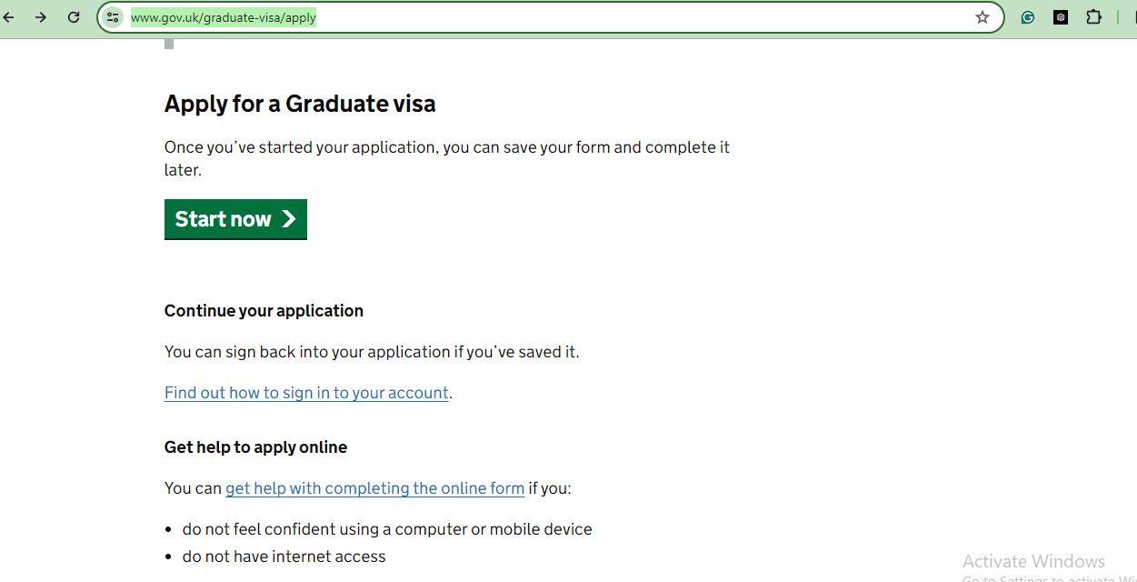 UK Graduate Route Visa: A direct page for online application.