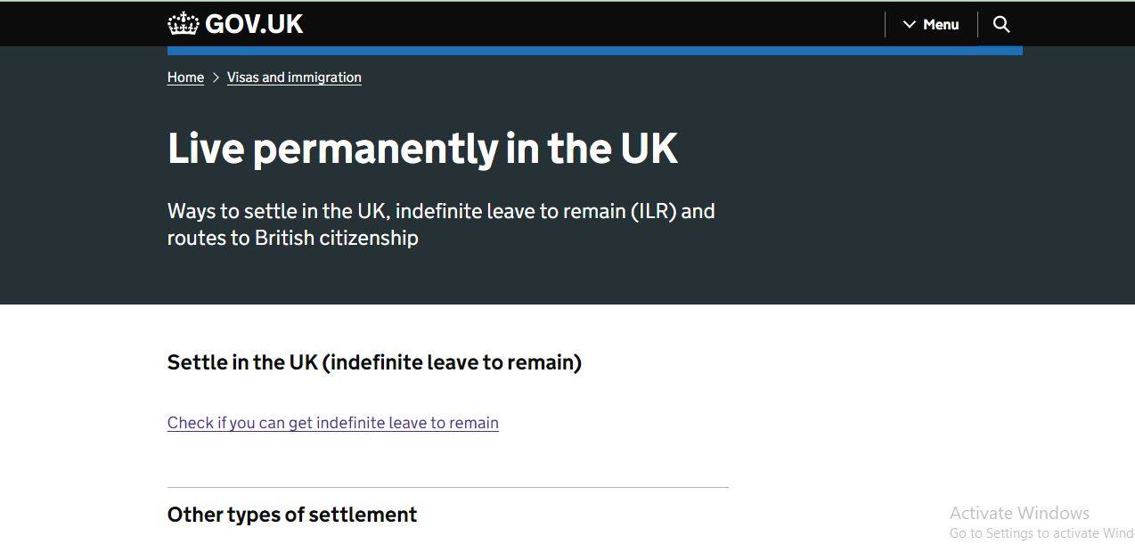 15 Ways You Can Travel to the UK in 2024: A picture showing page for information on Permanent residency in the UK.