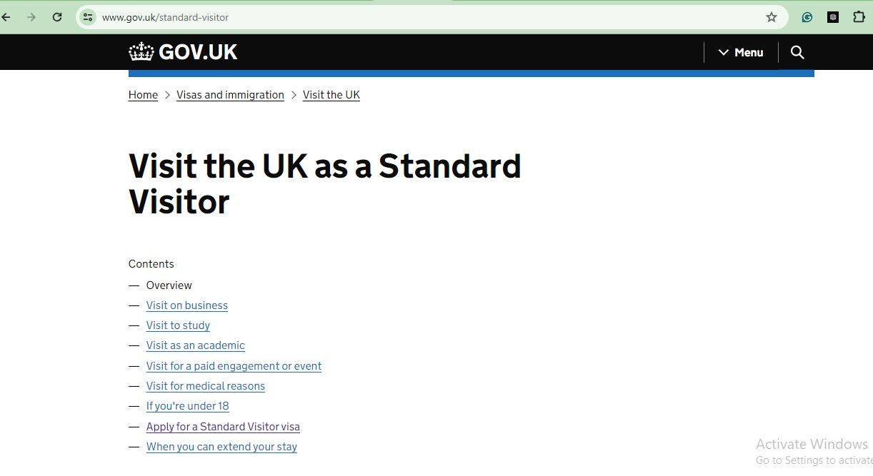 UK Visitor Visa Application: A picture showing landing page for visa information