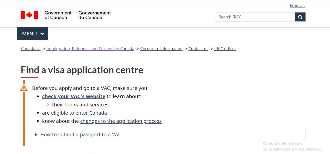 Canada Visa Eligibility: A picture showing landing page for information on Canada visa application centers.