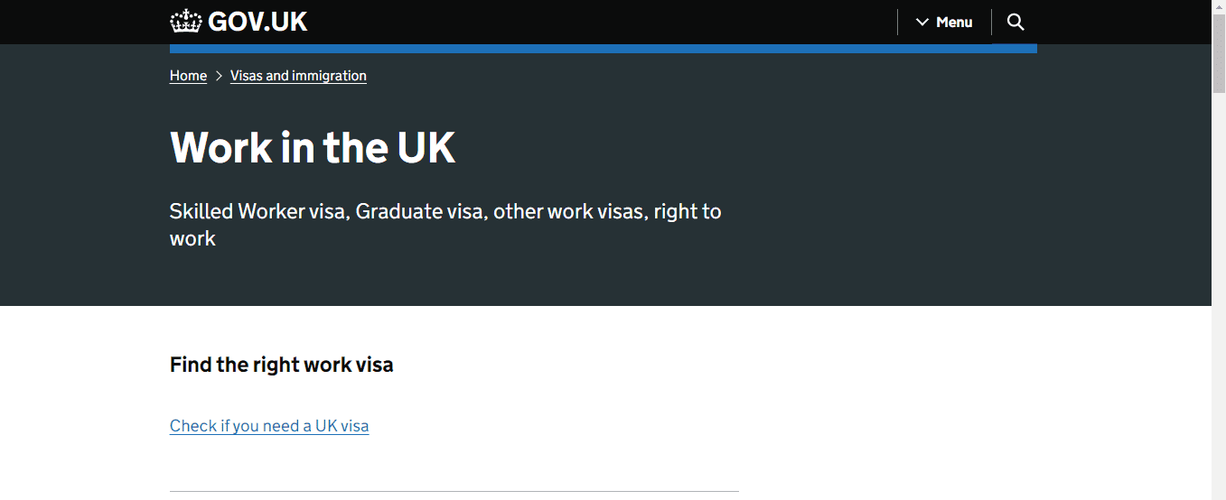 Jobs That Can Get You a UK Visa: A page showing work visa options