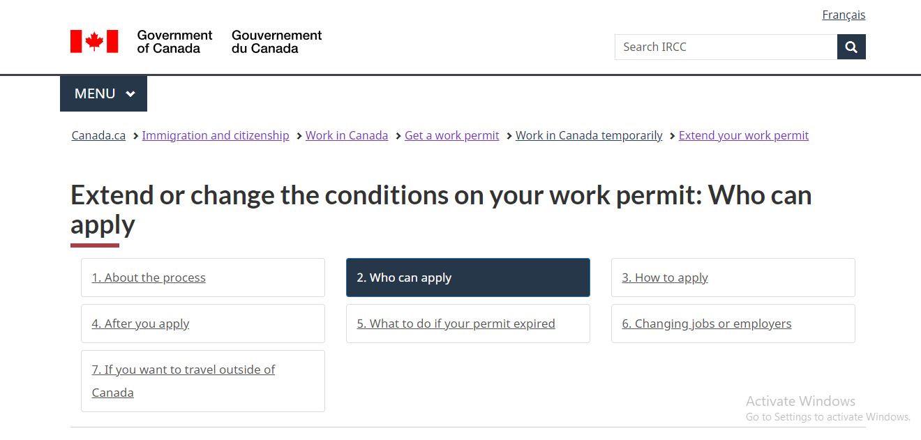 Canada Visa Extension: A picture showing eligiblity criteria page for Canada work visa extension.