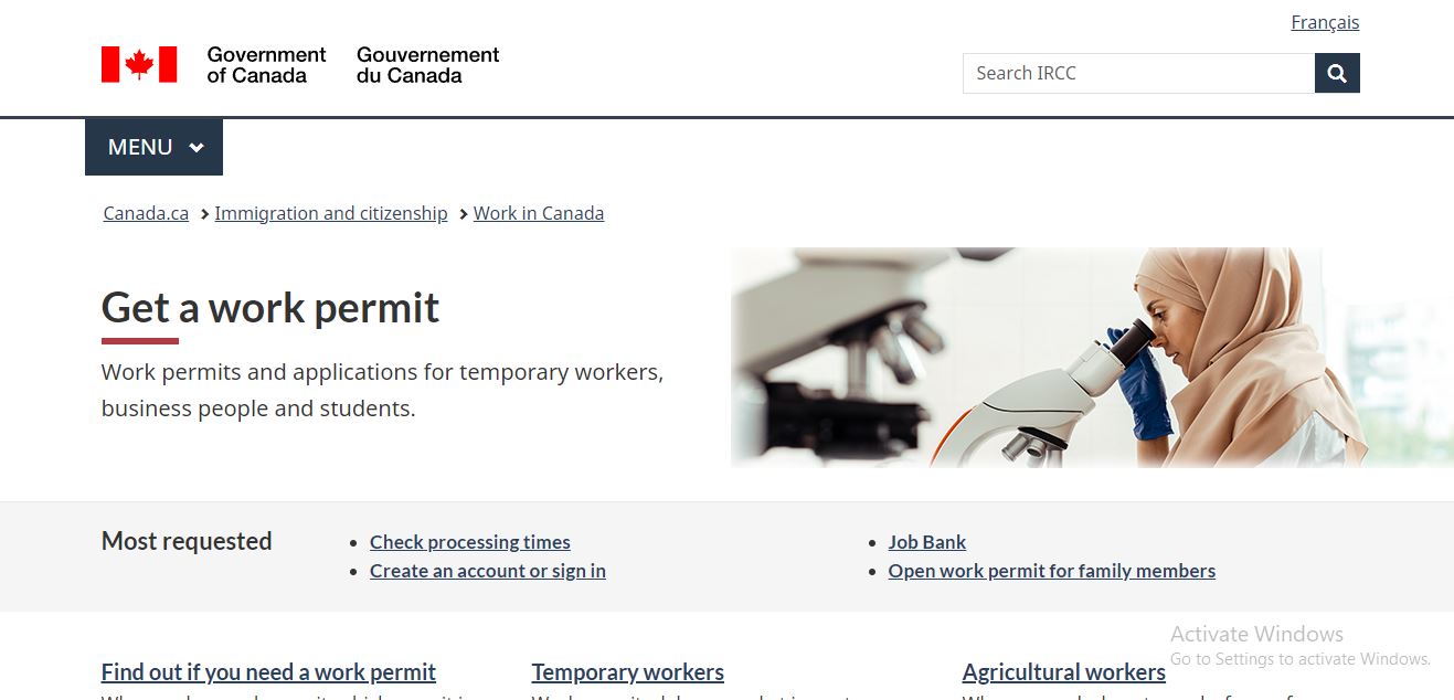 Canada Visa Requirements: A picture showing page for information on work permits on the official website of Canadian government.