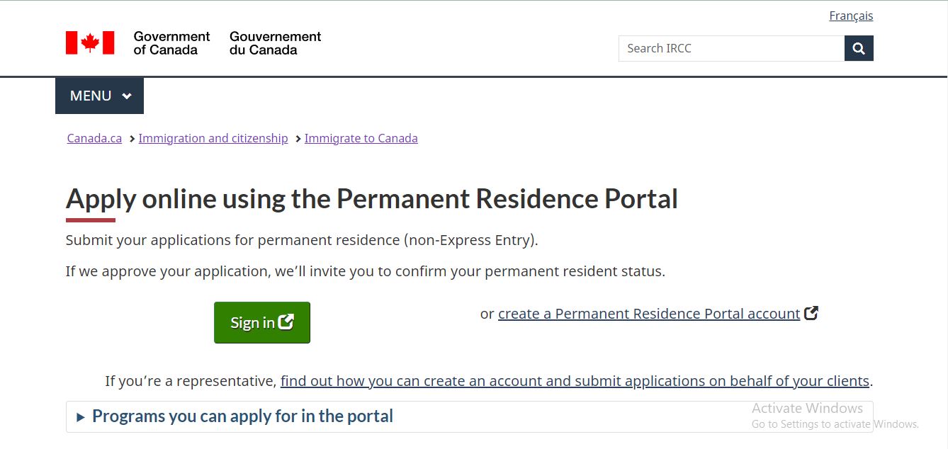 Canada Permanent Residency: A picture showing page for information on applying Canada Permanent Residency online.