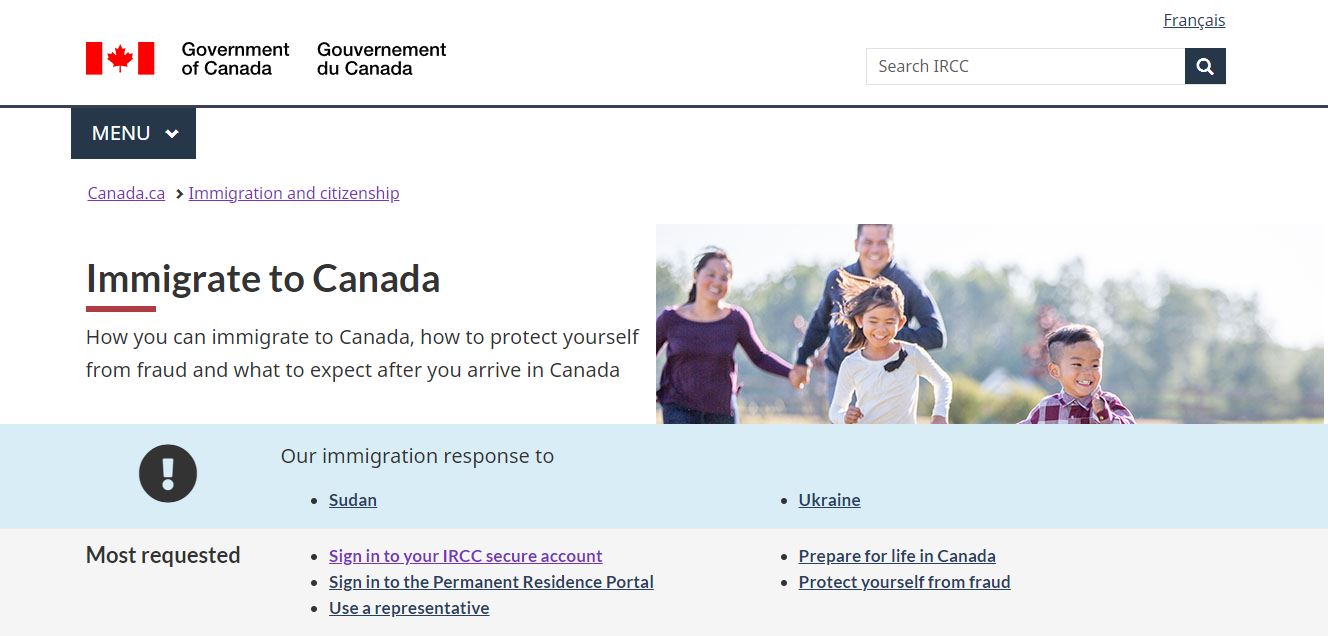 Canada Settlement Visa: A picture showing landing page for information on immigrations pathways under settlement visa.