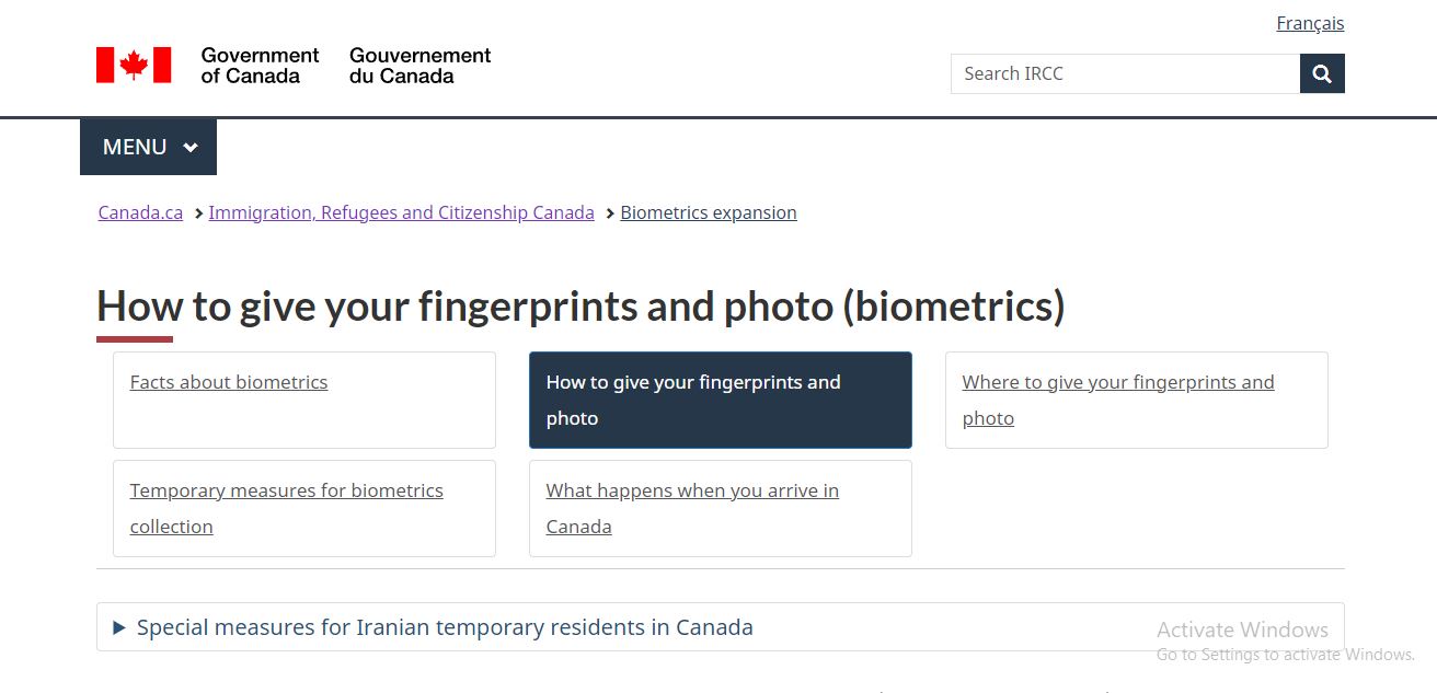 Canada Tourist Visa for Family: A picture showing landing for Biometric information for Canada tourist visa for family