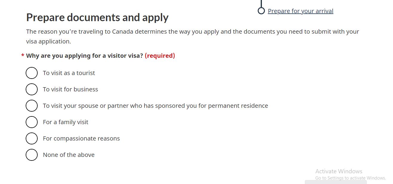 Canada Tourist Visa for Family: A picture showing information on required documents for Visitor visa, on official Canada website.