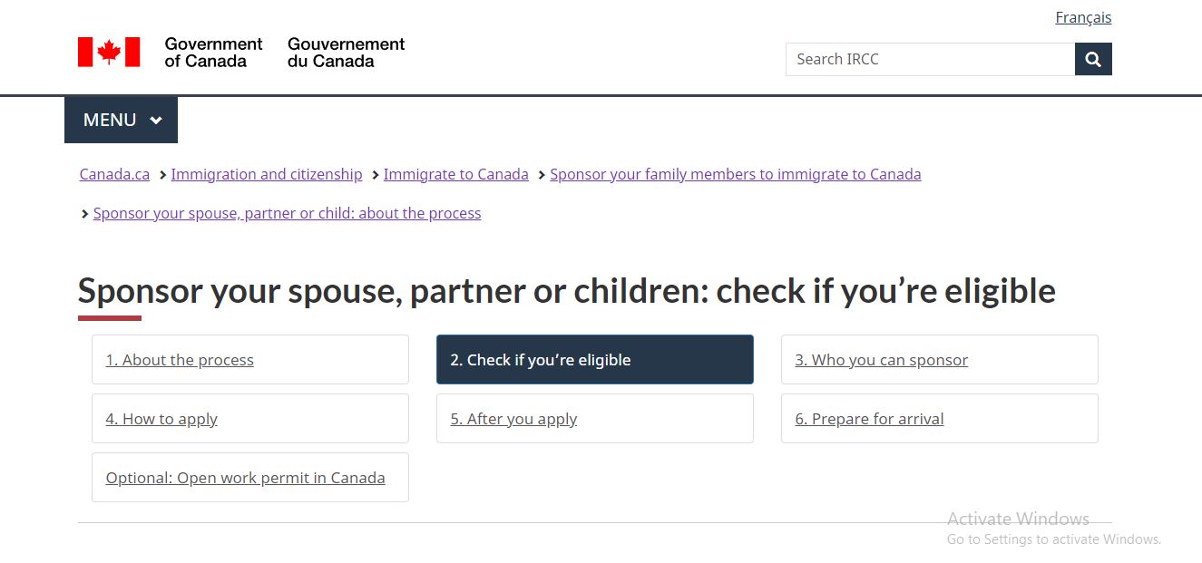 Canada Family Reunion Visa: A picture showing landing page for information on eligibility to sponsor family to Canada