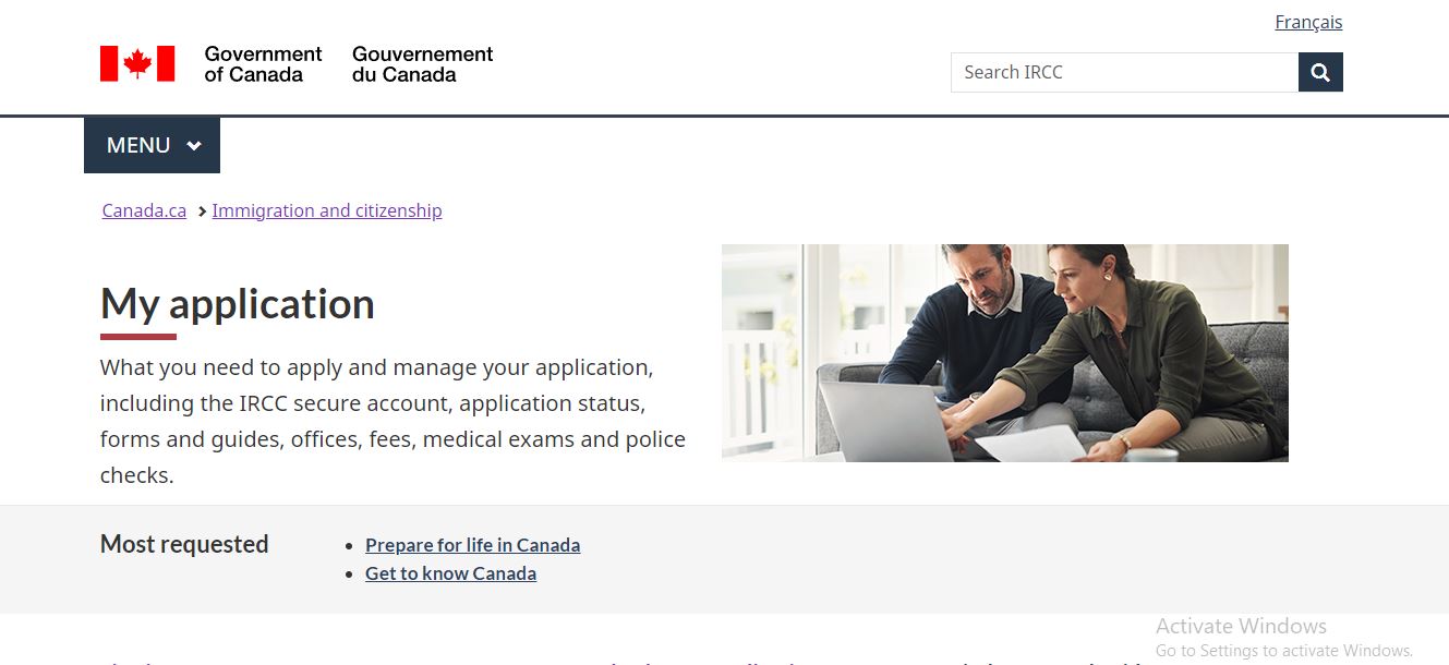 Canada Fiancé Visa: A picture showing landing page for Canada visa application.
