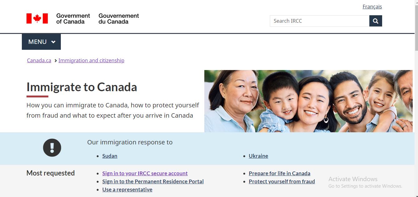 Canada Spouse Visa Processing Time: A picture showing landing page on IRCC website for information on Canada immigration.