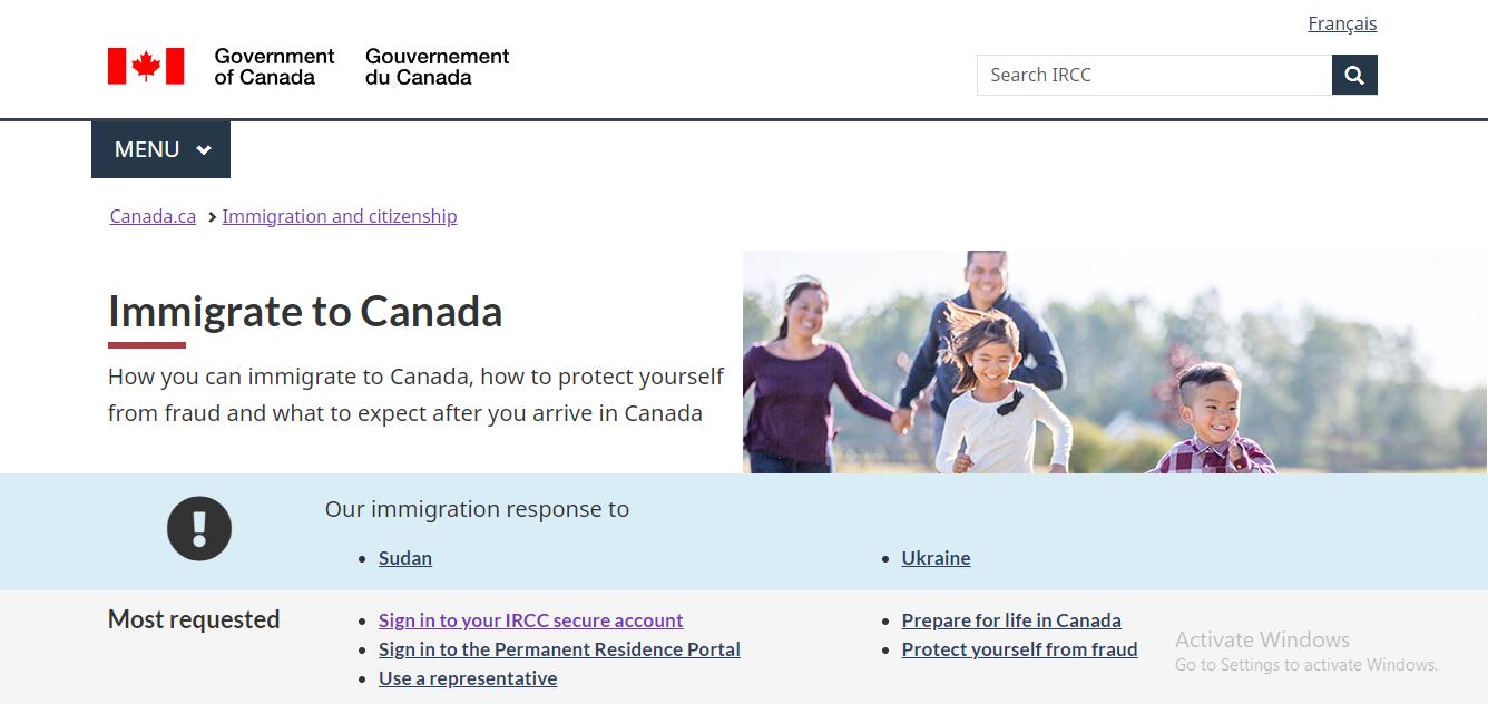 Canada Family Reunion Visa: A picture showing landing page for options to Immigrate to Canada.