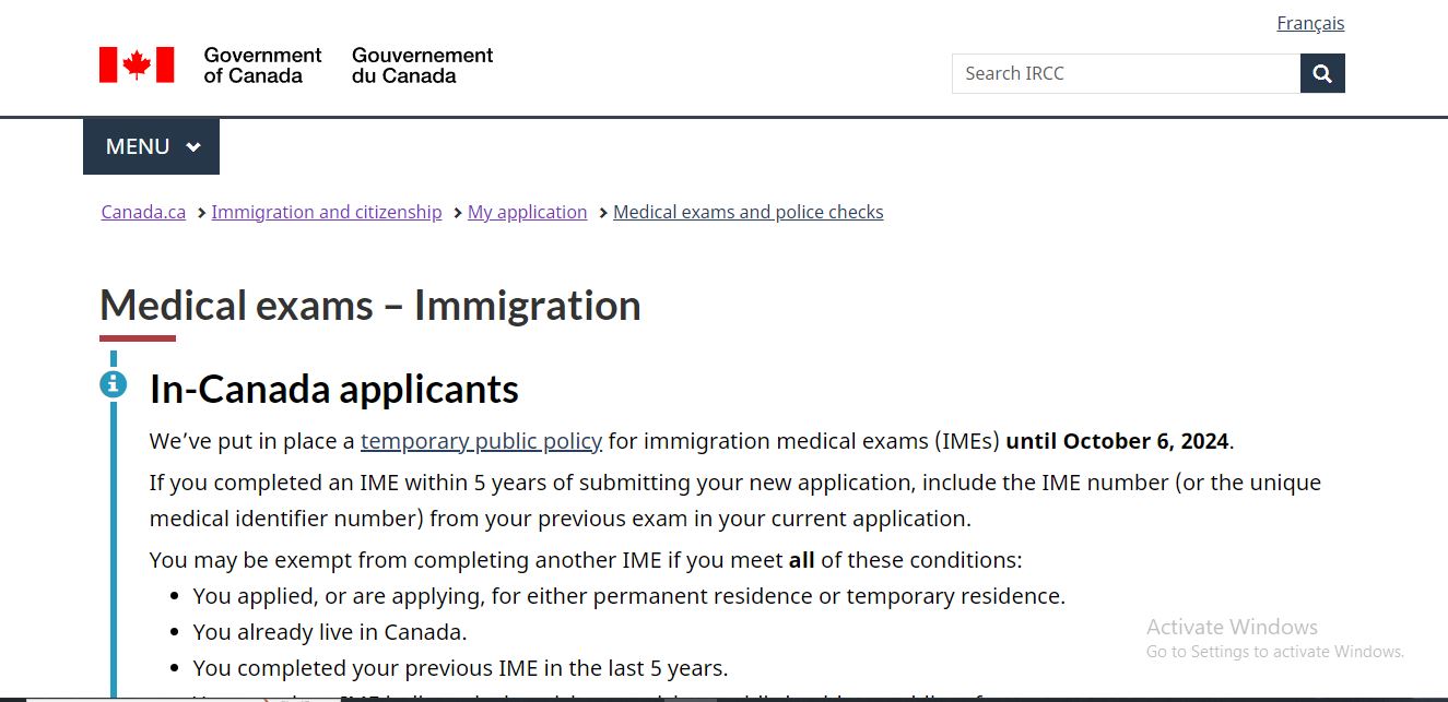 Canada Student Visa Requirements: A picture showing page for information on medical exams for Canada Study permit.