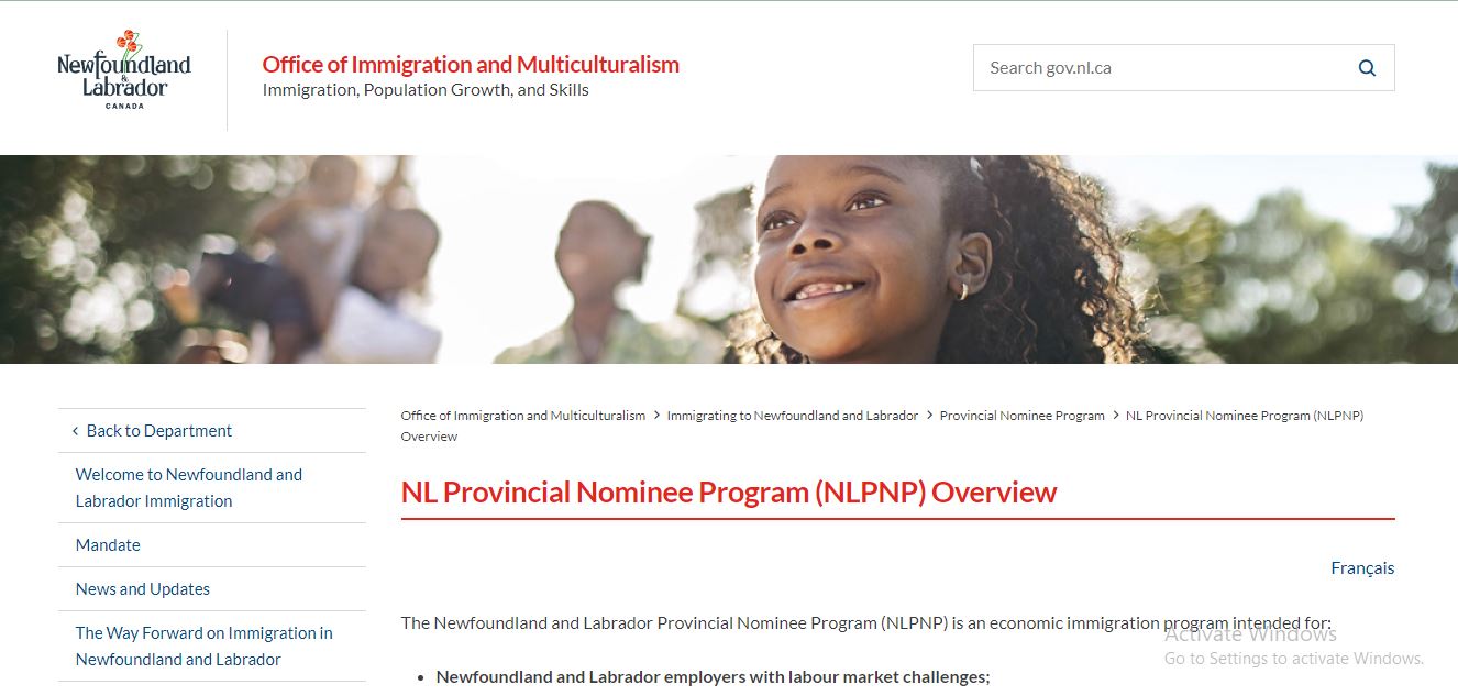 Canada Permanent Residency: A picture showing landing page of one of the Canada Provincial Nominee Programs.