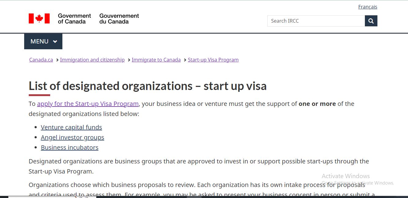 Canada Investor Visa: A picture showing landing page for organisations providing investment support to Start-Up program
