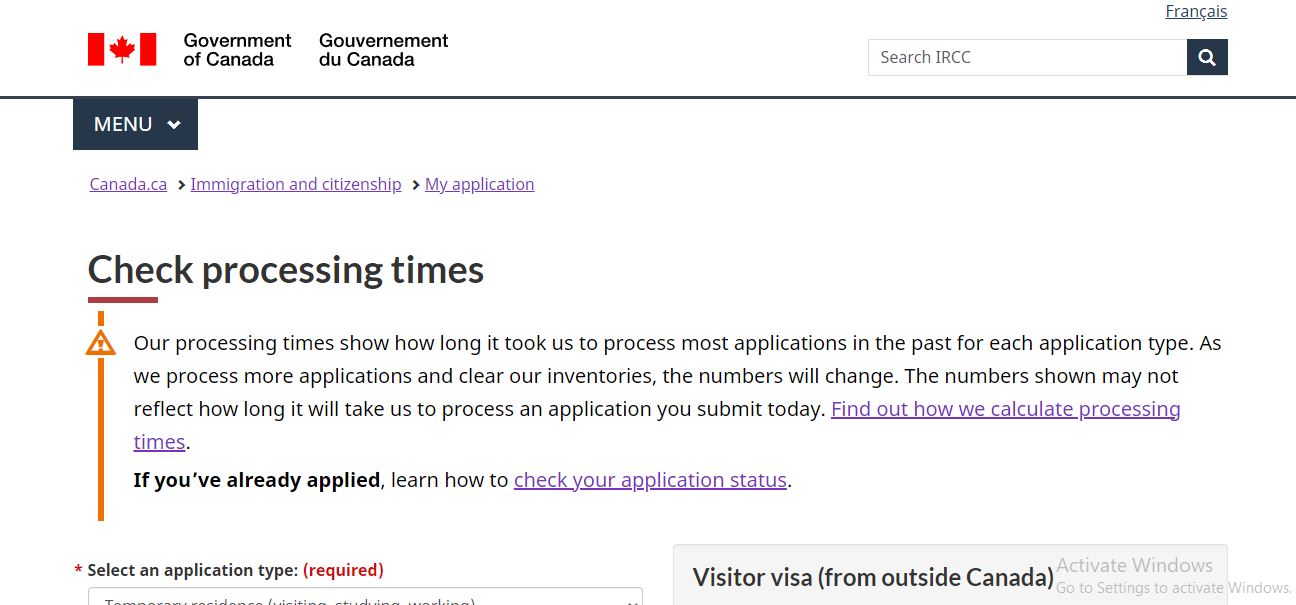 Canada Visitor Visa: A picture showing landing page official canada website for checking of processing time for Visitor visa.