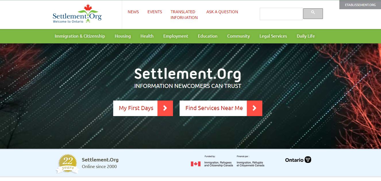 Canada Settlement Visa: A picture showing landing page of Settlement.org for information on settlement in Canada.