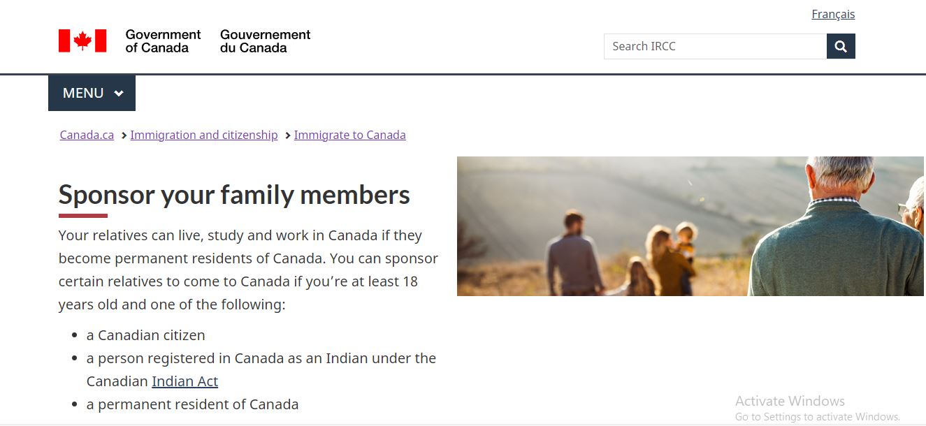 Canada Permanent Residency: A picture showing landing page of official website of Canada immigration for information on Canada family sponsorship program