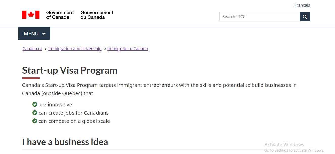 Canada Investor Visa: A picture showing landing page for Start-Up Visa Program