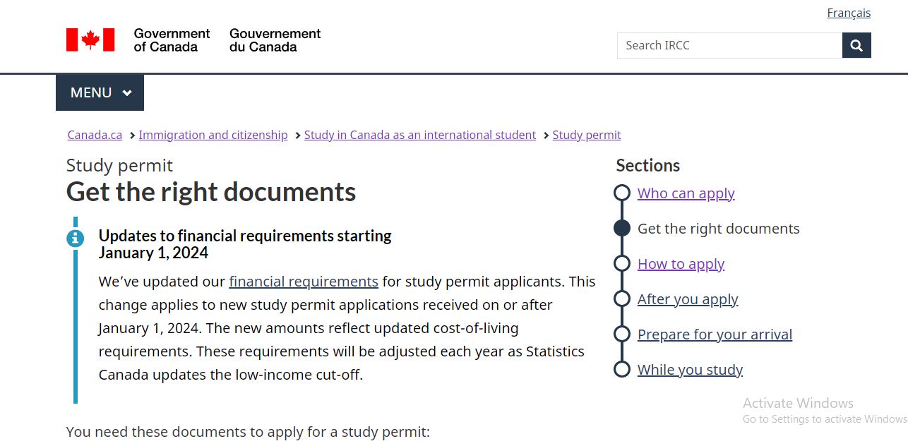 Canada Student Visa Requirements: A picture showing page for information on essential documents for Canada Study Permit.