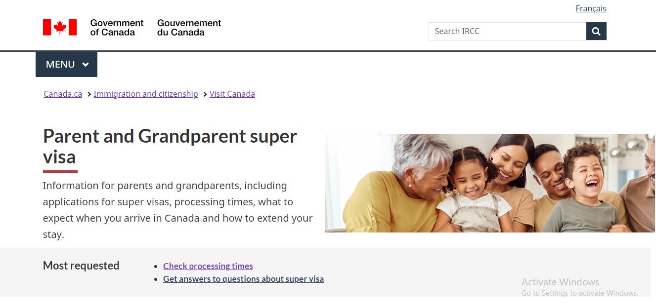 Canada Visitor Visa: A picture showing landing page official Canada official website for grandparent super visa.