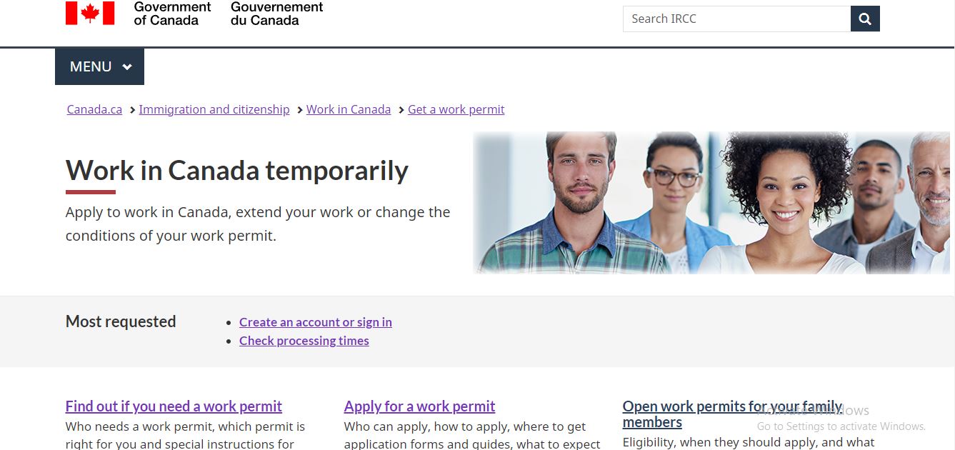 Canada Work Visa Sponsorship: A picture showing landing page for Temporary work visa.