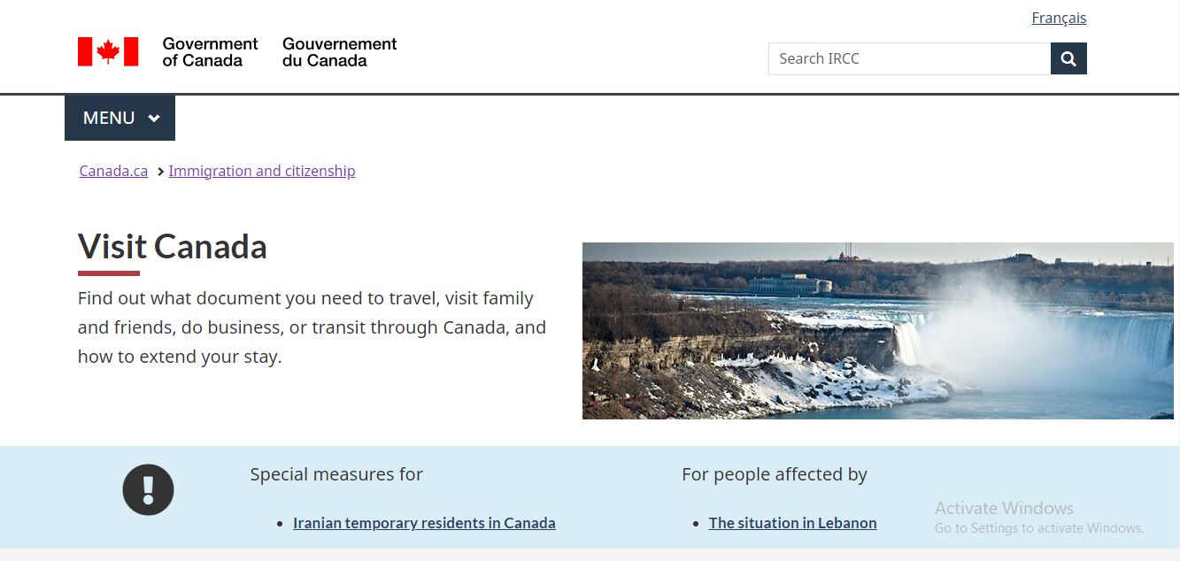 Canada Visitor Visa: A picture showing landing page official canada website for visitor visa information.