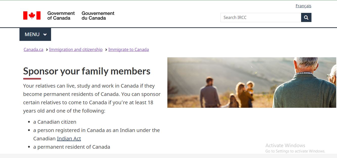 Canada Family Reunion Visa: A picture showing landing page for information on sponsoring family to Canada.