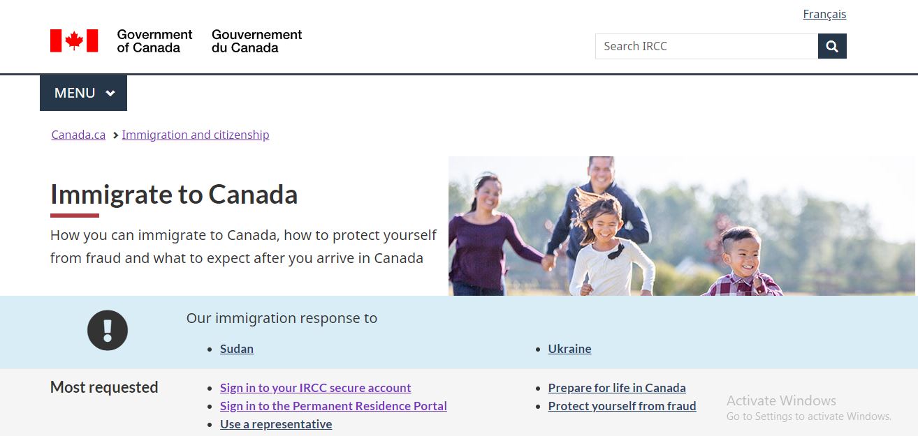 Canada Permanent Residency: A picture showing landing page for information on Immigration to Canada.