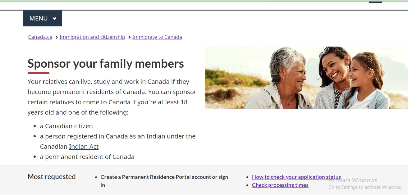 Canada Marriage Visa: A picture showing landing page for information on sponsoring family members to Canada - including marriage visa.