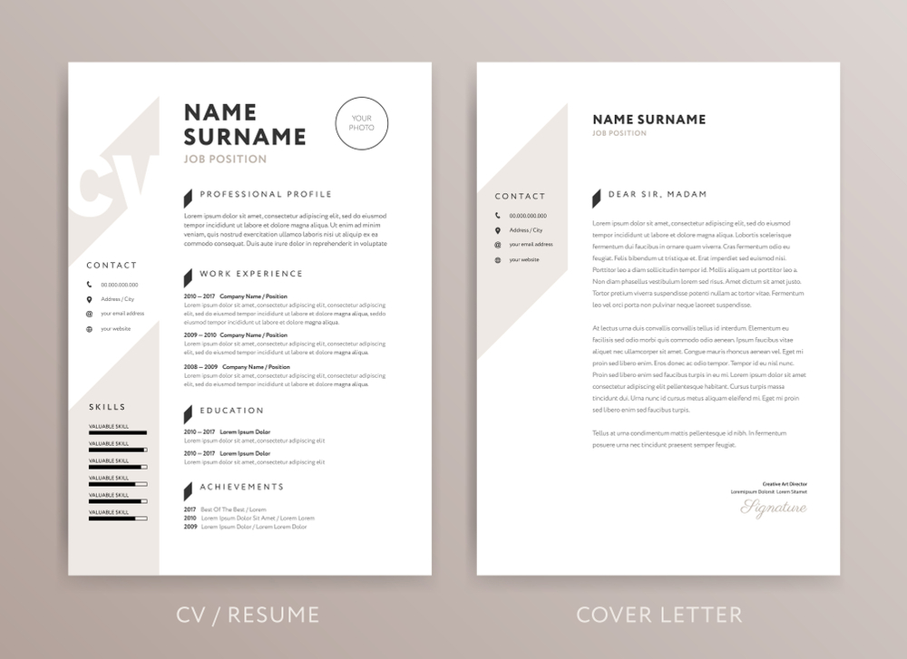 The 10 Worst Ways to Botch Your UK Job Search: Stylish curriculum vitae CV and cover letter design template - rose brown color vector background 