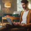 Worst Remote Work Habits That Kill Productivity: Handsome Happy Man Using Laptop at Home for Remote Work.