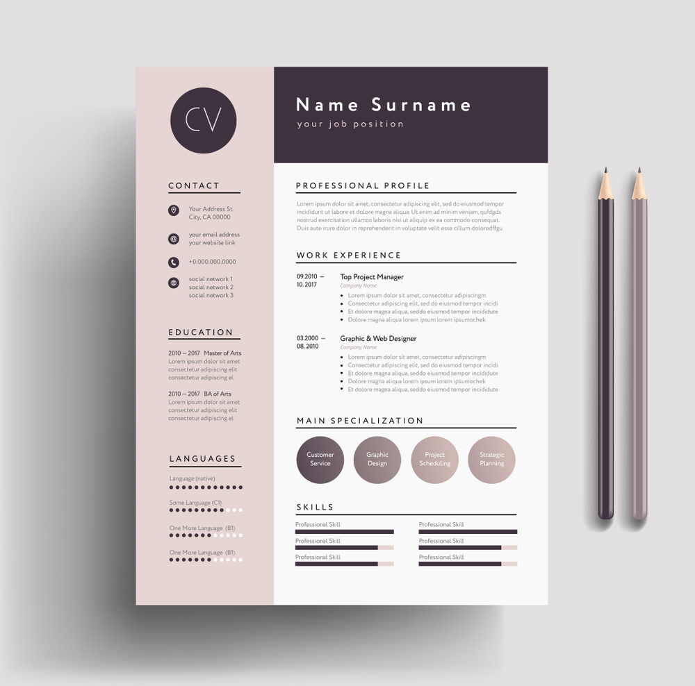 Remote job at Kelly: Beautiful CV / Resume template - elegant stylish design - dusty pink color background vector