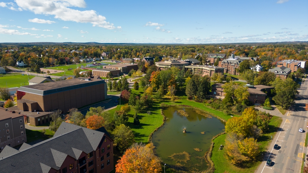 Best and Worst Canadian Provinces for Job Opportunities: A drone aerial shot of Sackville, New Brunswick, overlooking the Mount Allison University campus and its many historic buildings. 